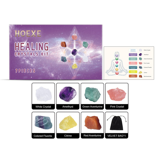 Chakra crystal set for beginners featuring seven healing crystals including amethyst and citrine with velvet storage bag