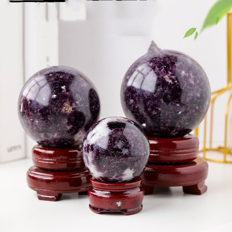 Purple Mica Crystal ball set of three polished purple crystal spheres on wooden stands for altar