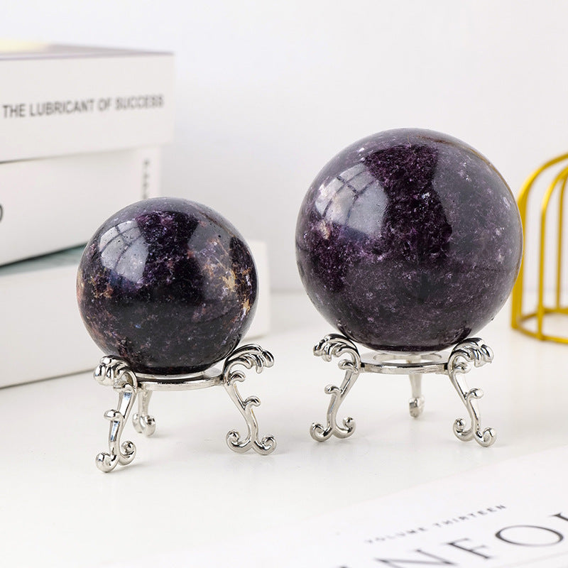 Purple Mica Crystal ball set of two decorative spheres on silver stands for altar decor by Sacred Moon Candle Co