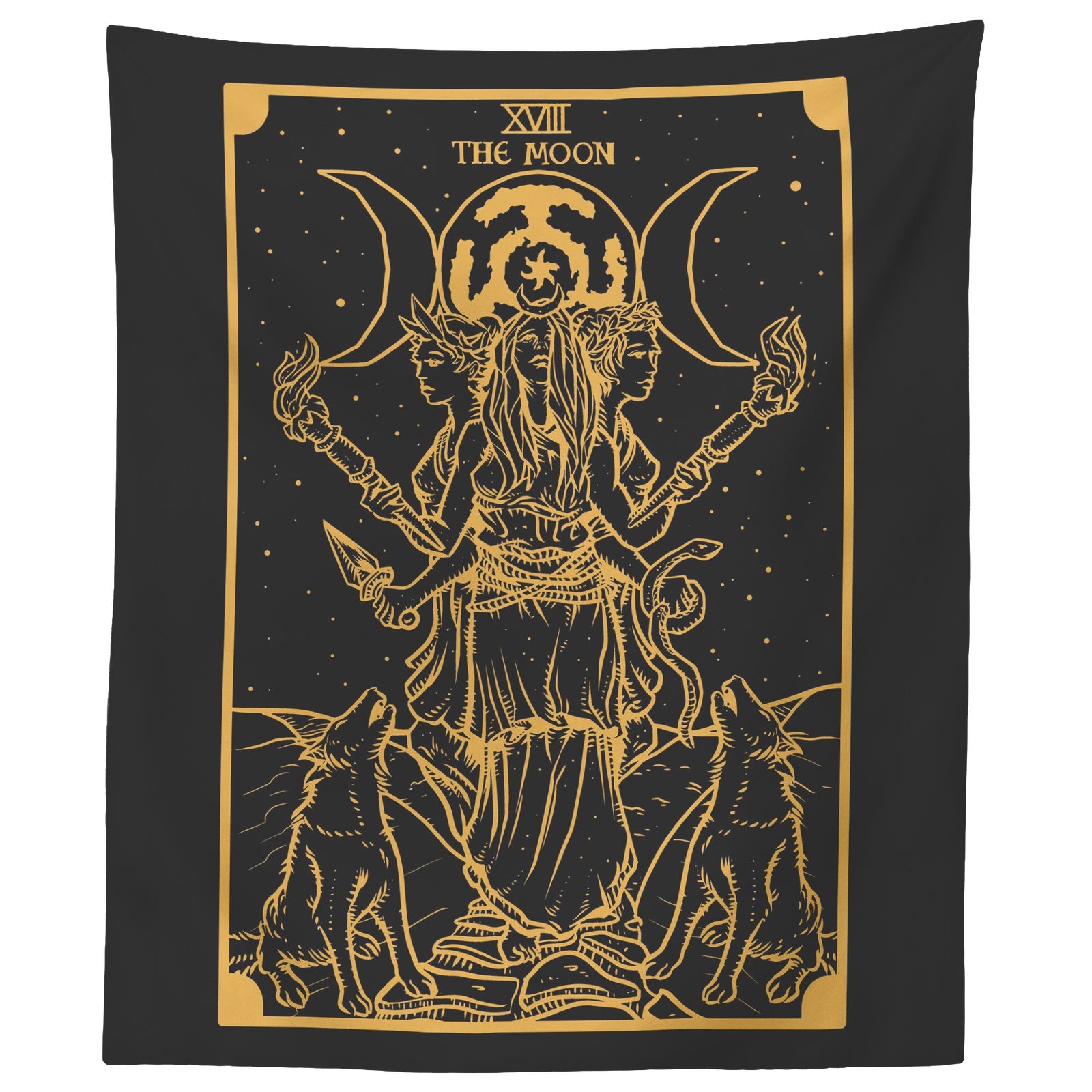Triple Moon Goddess Hekate Tapestry by Sacred Moon Candle Co black and gold witch altar wall hanging with wolves