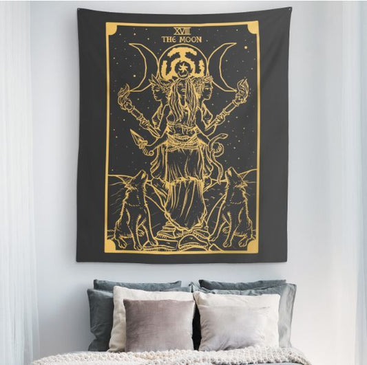 Triple Moon Goddess Hekate Tapestry by Sacred Moon Candle Co hanging over bed dark gray with gold occult art