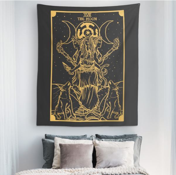 Triple Moon Goddess Hekate Tapestry black and gold wall hanging showing three faced goddess with torches and dogs altar decor