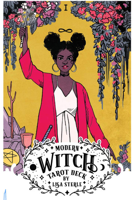 Modern tarot cards for beginners featuring a tarot card with a woman in a pink robe holding a wand surrounded by flowers