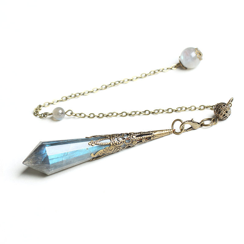 Sacred Moon Candle Co labradorite natural crystal pendant with blue flash and filigree gold chain