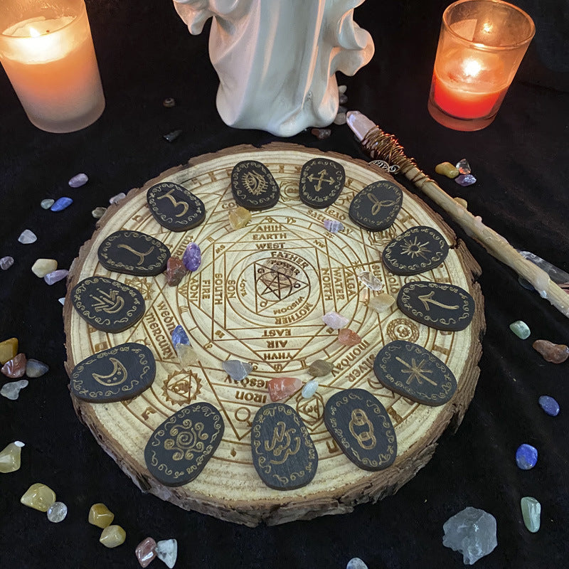 Wooden rune stones arranged on a sliced wood altar with crystals candles and wand Runes spiritual divination tools