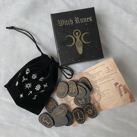Witch runes set with velvet pouch instruction leaflet and engraved stones Runes spiritual divination tools