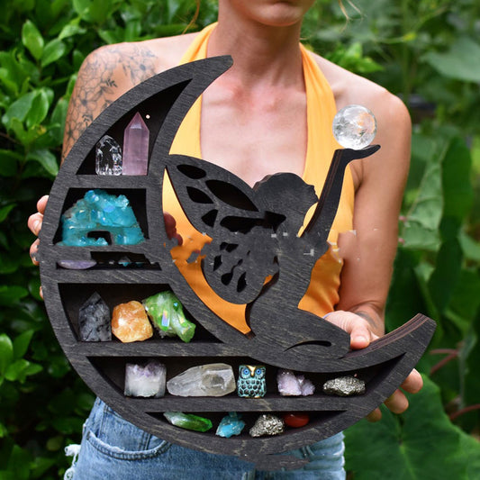 Black wooden crescent shelf with fairy holding crystal orb and small crystals Moon, Fairy, Butterfly Shelves