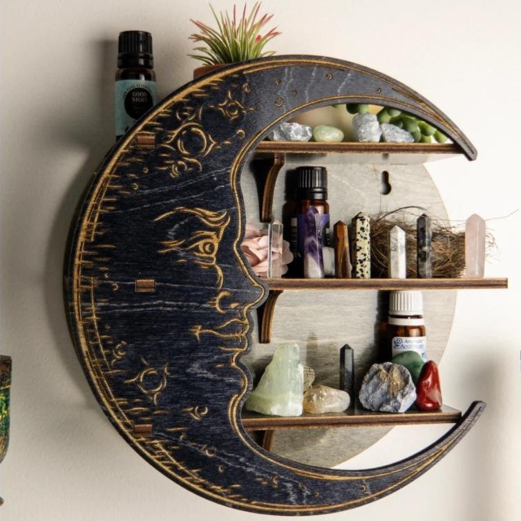gypsy moon altar shelf wooden crescent wall decor with carved moon face crystals and essential oils