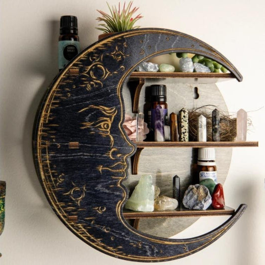 Sacred Moon Candle Co gypsy moon altar shelf crescent wooden wall shelf with carved moon face holding crystals and essential oils