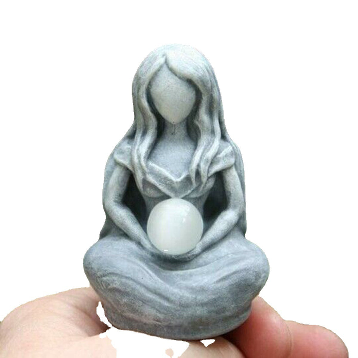 Sacred Moon Candle Co small gray seated faceless statue holding white crystal ball moon goddess alter figurine . Small altar tool