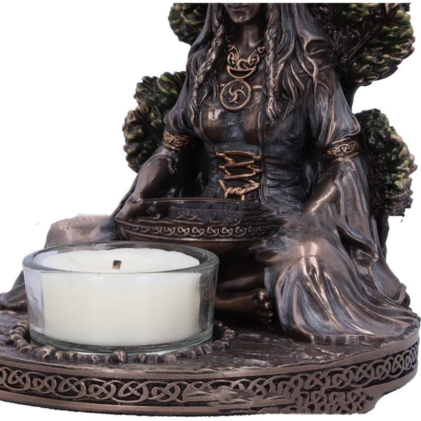 Sacred Moon Candle Co Celtic Goddess Danu tealight altar decor bronze resin goddess statue with glass tealight holder