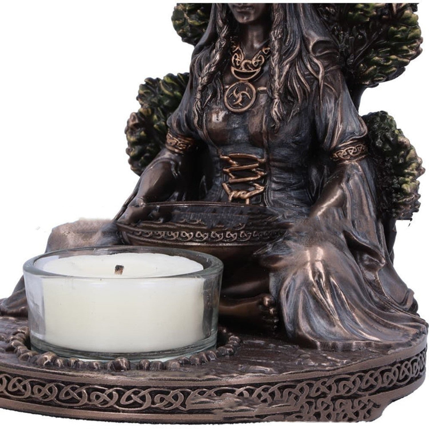 Sacred Moon Candle Co Celtic Goddess Danu tealight altar decor bronze resin goddess statue with glass tealight holder