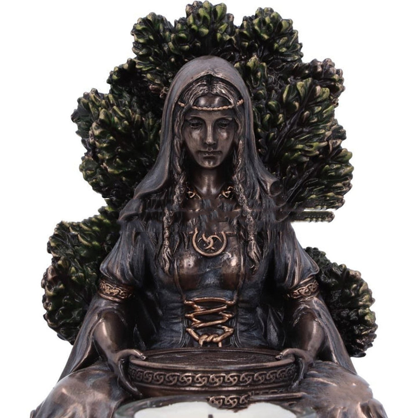 Sacred Moon Candle Co bronze altar statue Celtic Goddess Danu tealight altar decor seated with tree throne