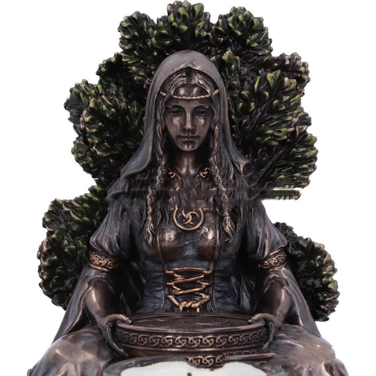 Sacred Moon Candle Co bronze altar statue Celtic Goddess Danu tealight altar decor seated with tree throne