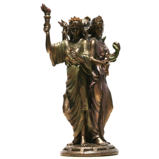 Bronze three faced Hekate altar statue by Sacred Moon Candle Co showing goddess with torch snake and keys on round base