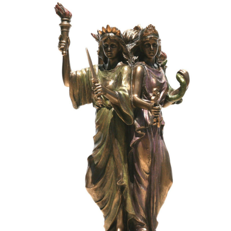 Sacred Moon Candle Co Hekate altar statue bronze triple goddess holding torch dagger and horn for pagan altar