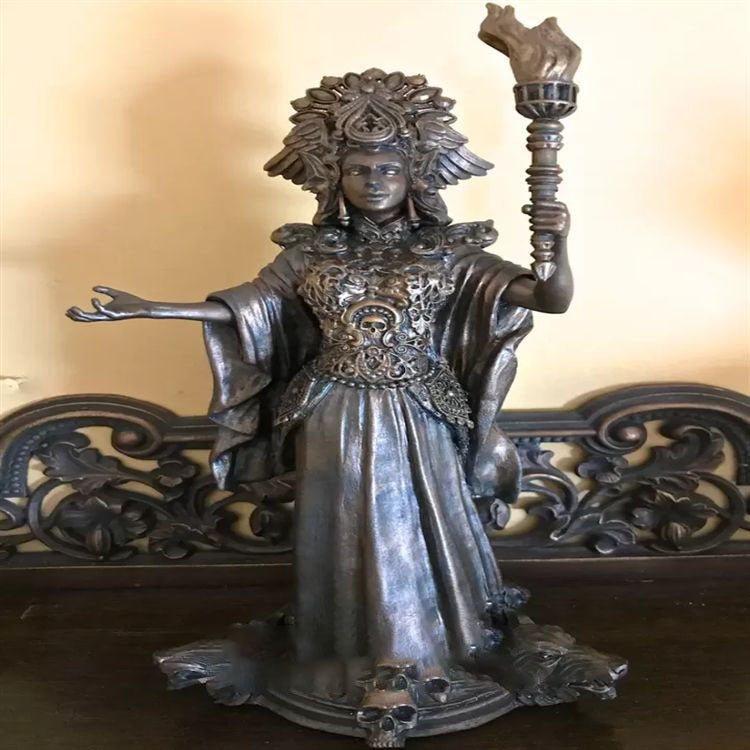 Sacred Moon Candle Co Hekate goddess statue bronze finish altar figure holding torch and skull base ornate headdress