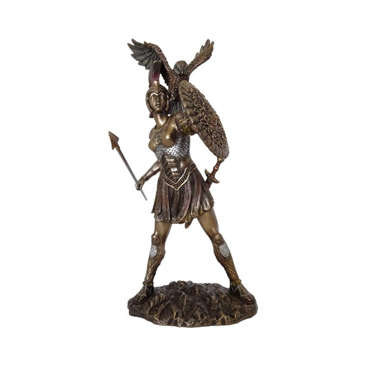 Sacred Moon Candle Co bronze Athena goddess statue holding spear and shield with owl on base