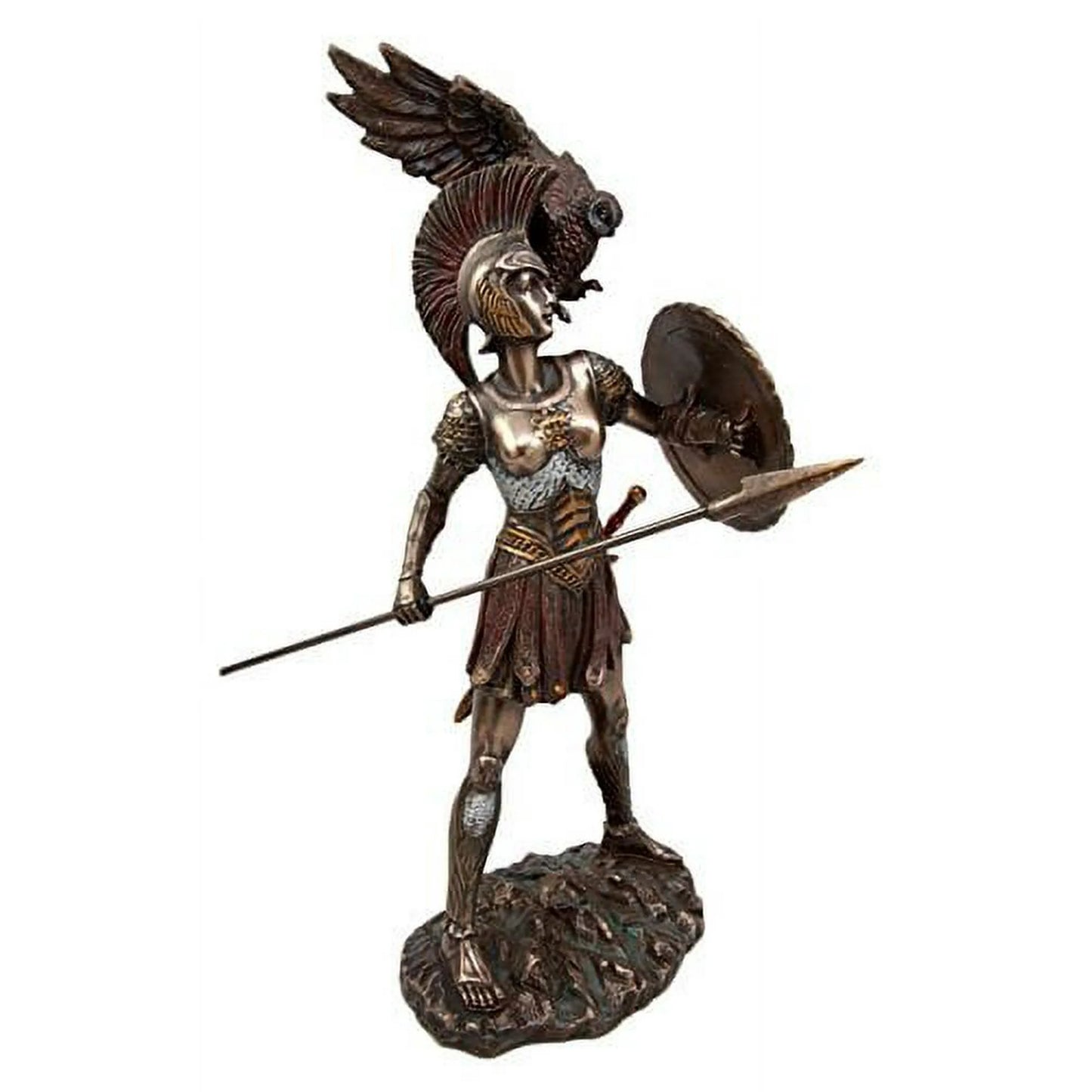Sacred Moon Candle Co Athena goddess statue bronze warrior figure with owl helmet spear and shield