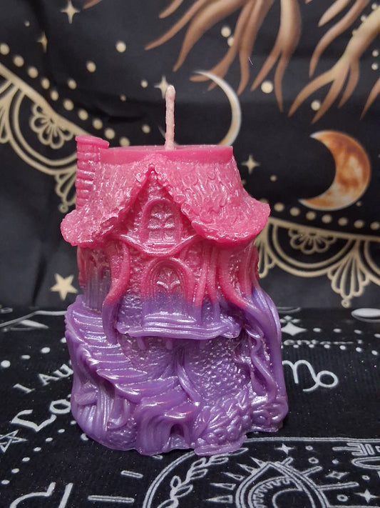 Nectar Nook Scented Treehouse Candle by Sacred Moon Candle Co in pink and purple with detailed treehouse design