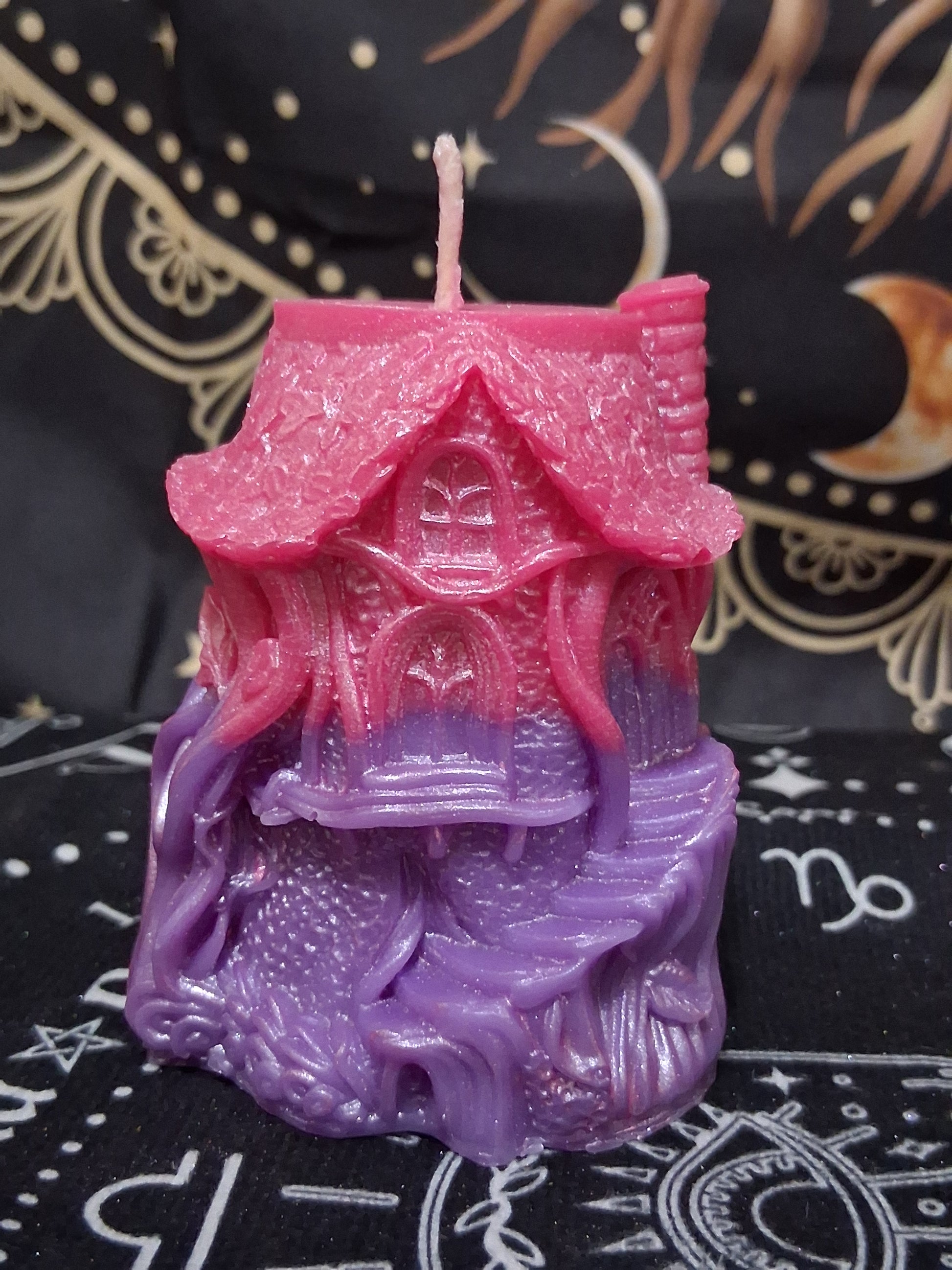 Nectar Nook Scented Treehouse Candle by Sacred Moon Candle Co with pink and purple detailed treehouse design