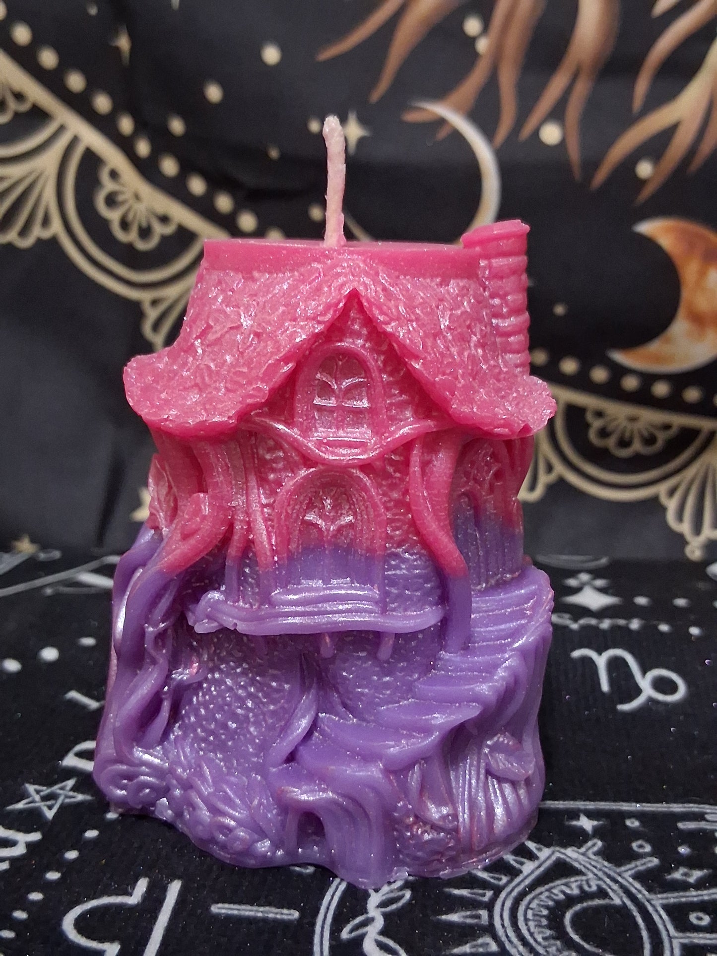 Sacred Moon Candle Co Nectar Nook Scented Treehouse Candle in pink and purple detailed design