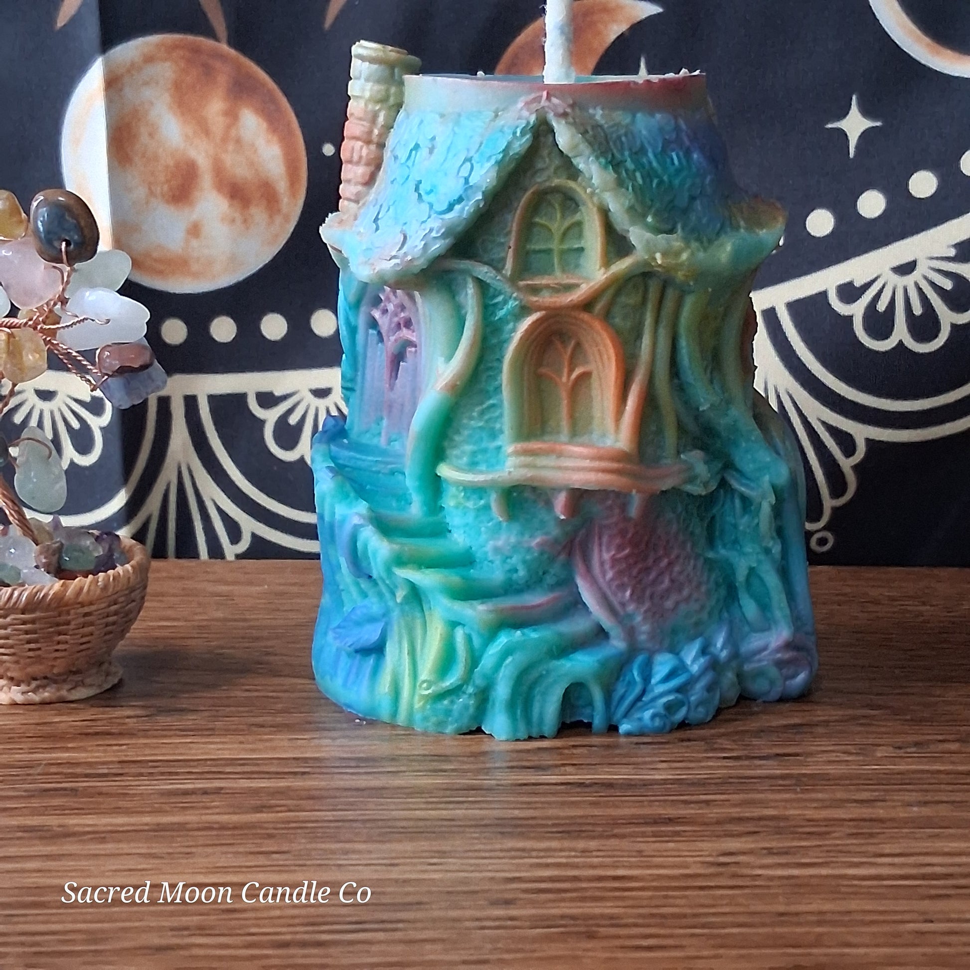 Rainbow Sherbert Sweet Blossom Scented Treehouse Candle by Sacred Moon Candle Co with colorful detailed house design