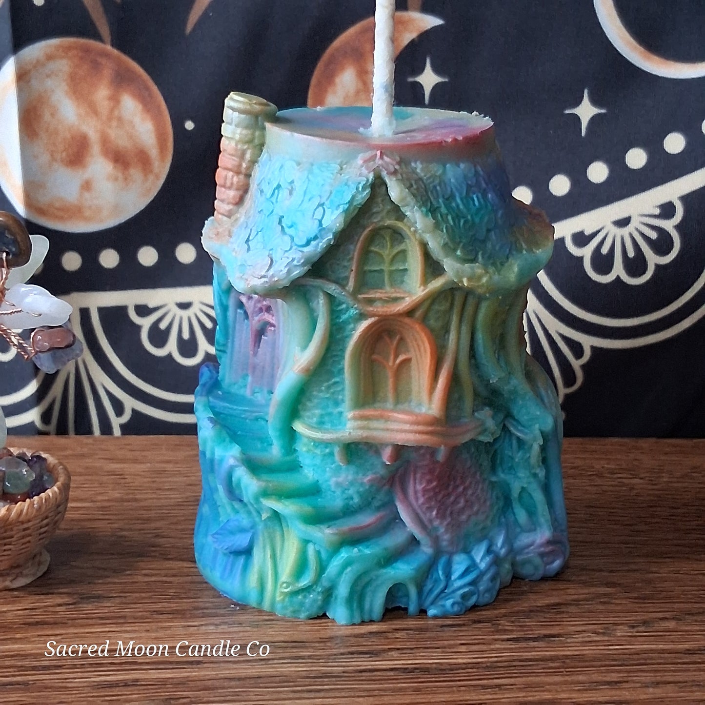 Rainbow Sherbert Sweet Blossom Scented Treehouse Candle by Sacred Moon Candle Co in pastel colors