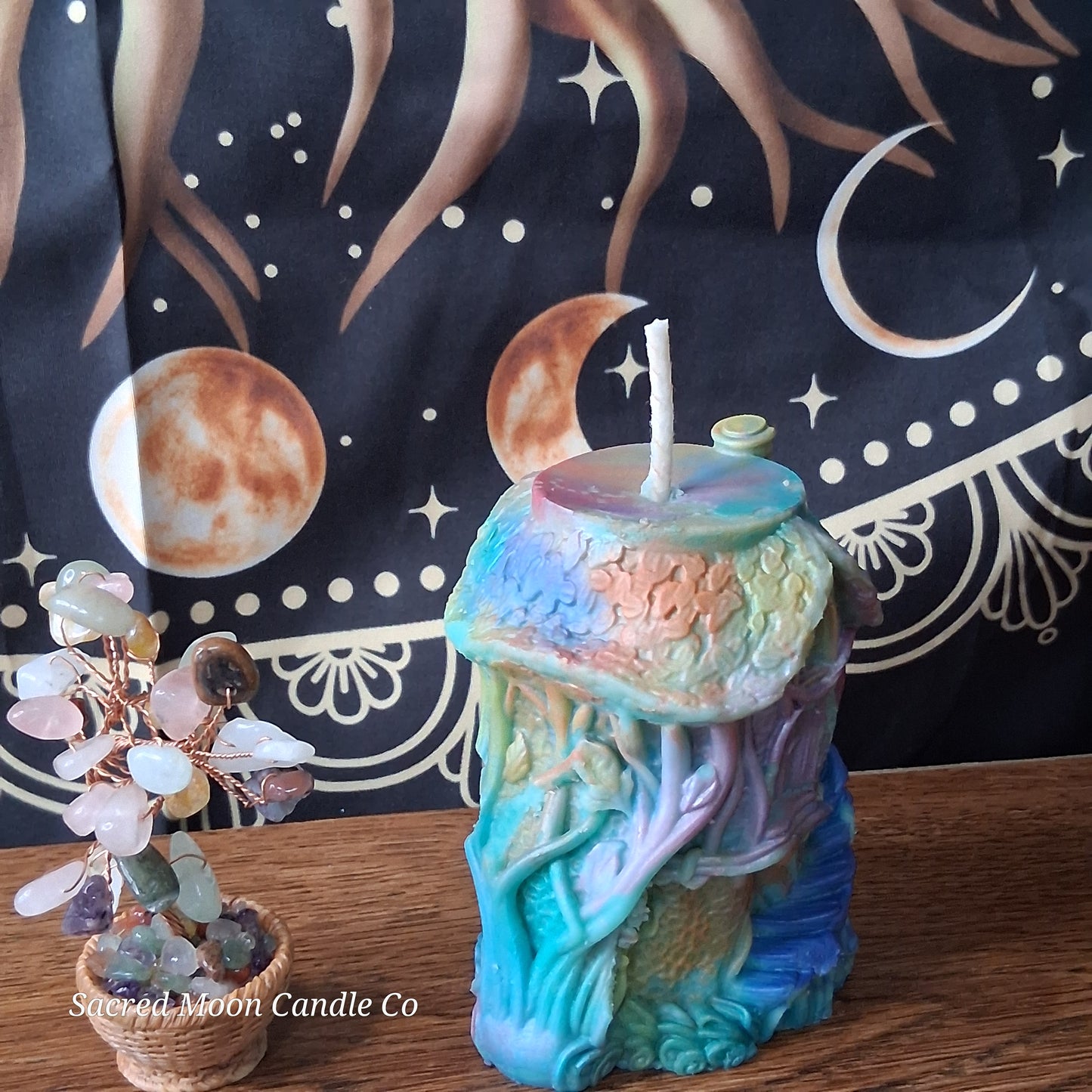 Rainbow Sherbert Sweet Blossom Scented Treehouse Candle by Sacred Moon Candle Co with colorful textured design