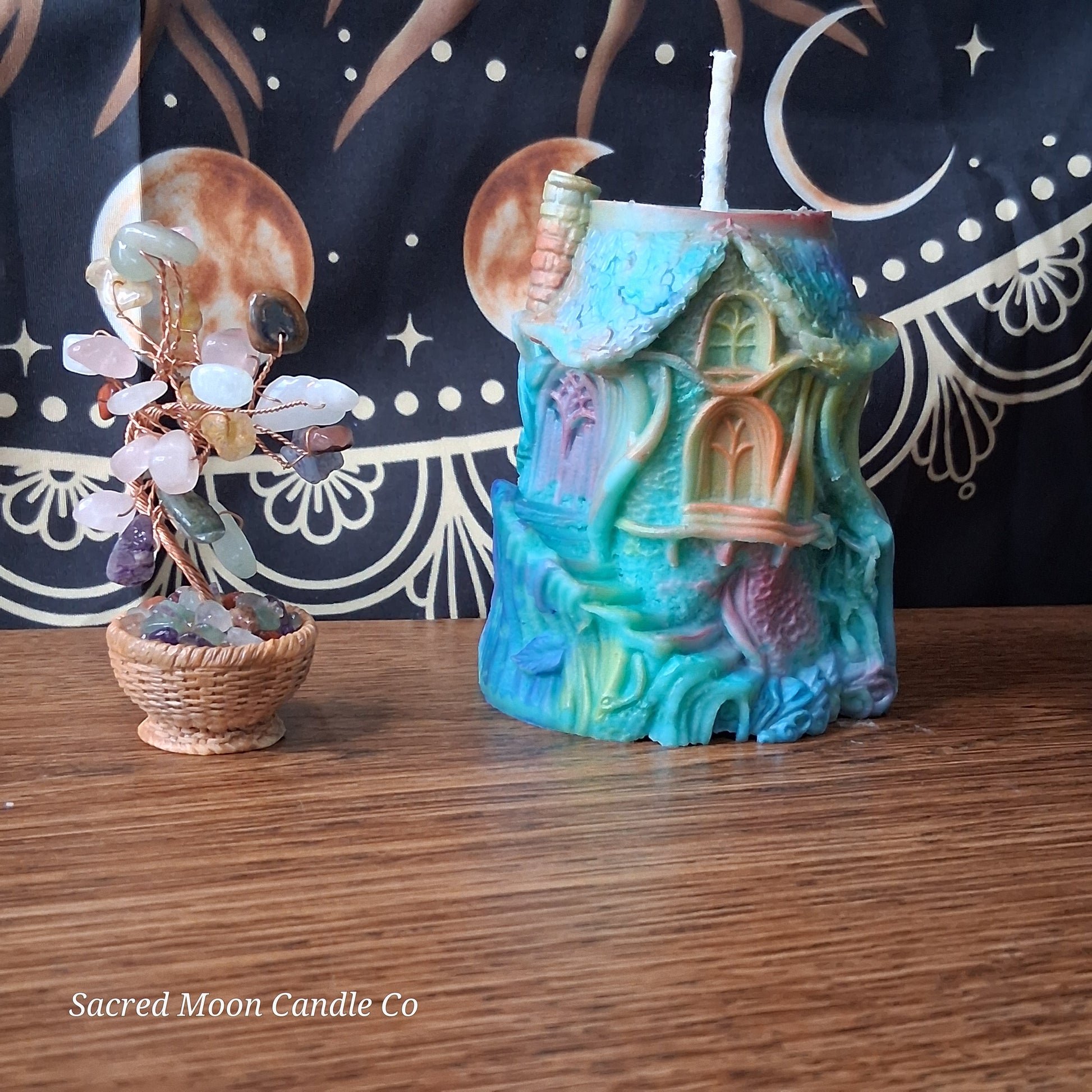 Rainbow Sherbert Sweet Blossom Scented Treehouse Candle by Sacred Moon Candle Co with colorful intricate design