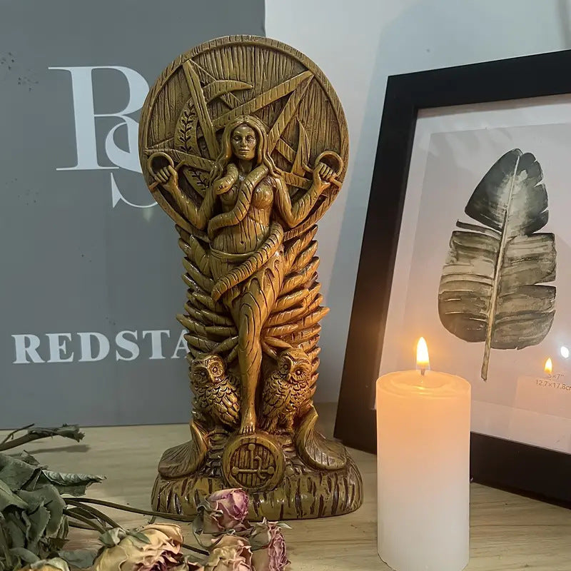 Sacred Moon Candle Co Lilith goddess altar statue carved wood figure with owls snake pentagram and lit candle