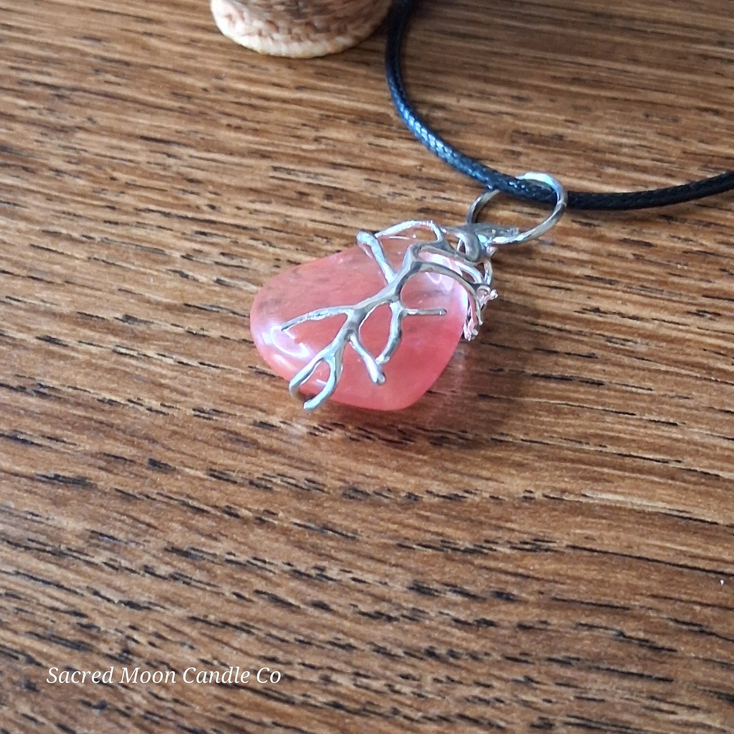 Cherry Quartz Tree Branch Wrapped Heart Stone Pendant Necklace