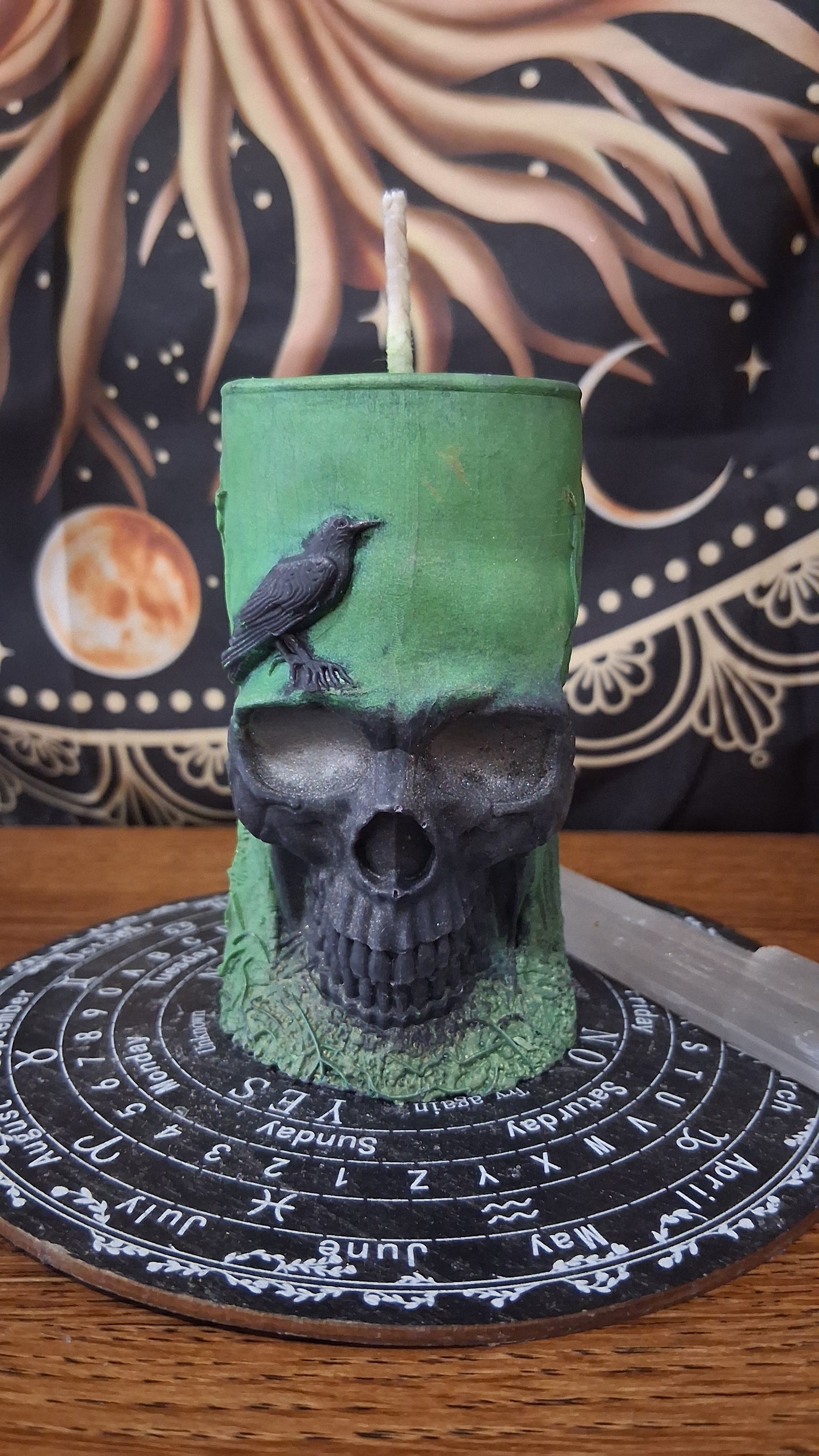 Green and Black Nightshade Elixir Skull and Raven Pillar Candle