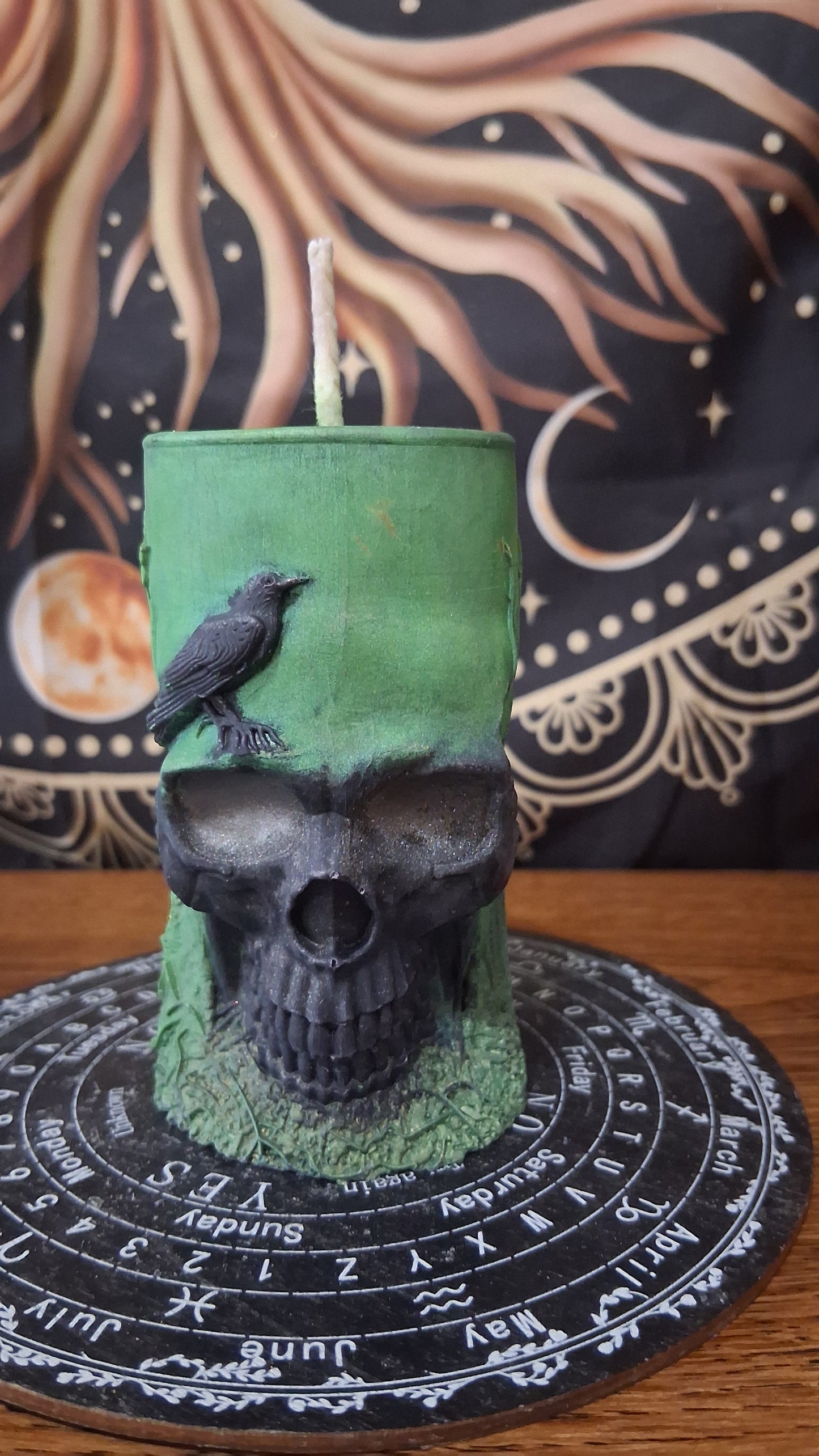 Green and Black Nightshade Elixir Skull and Raven Pillar Candle