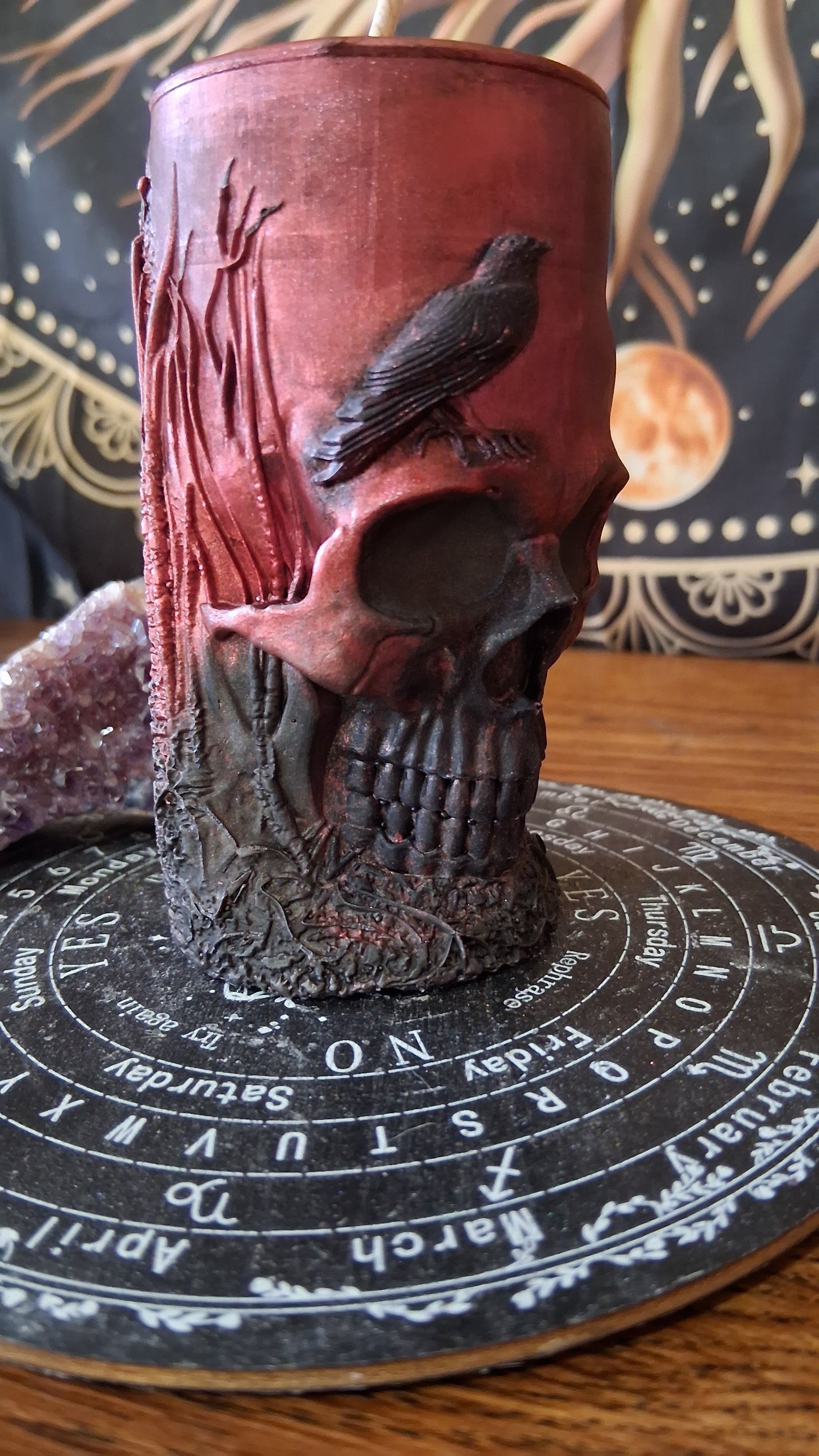 Red and Black Nightshade Elixir Skull and Raven Pillar Candle