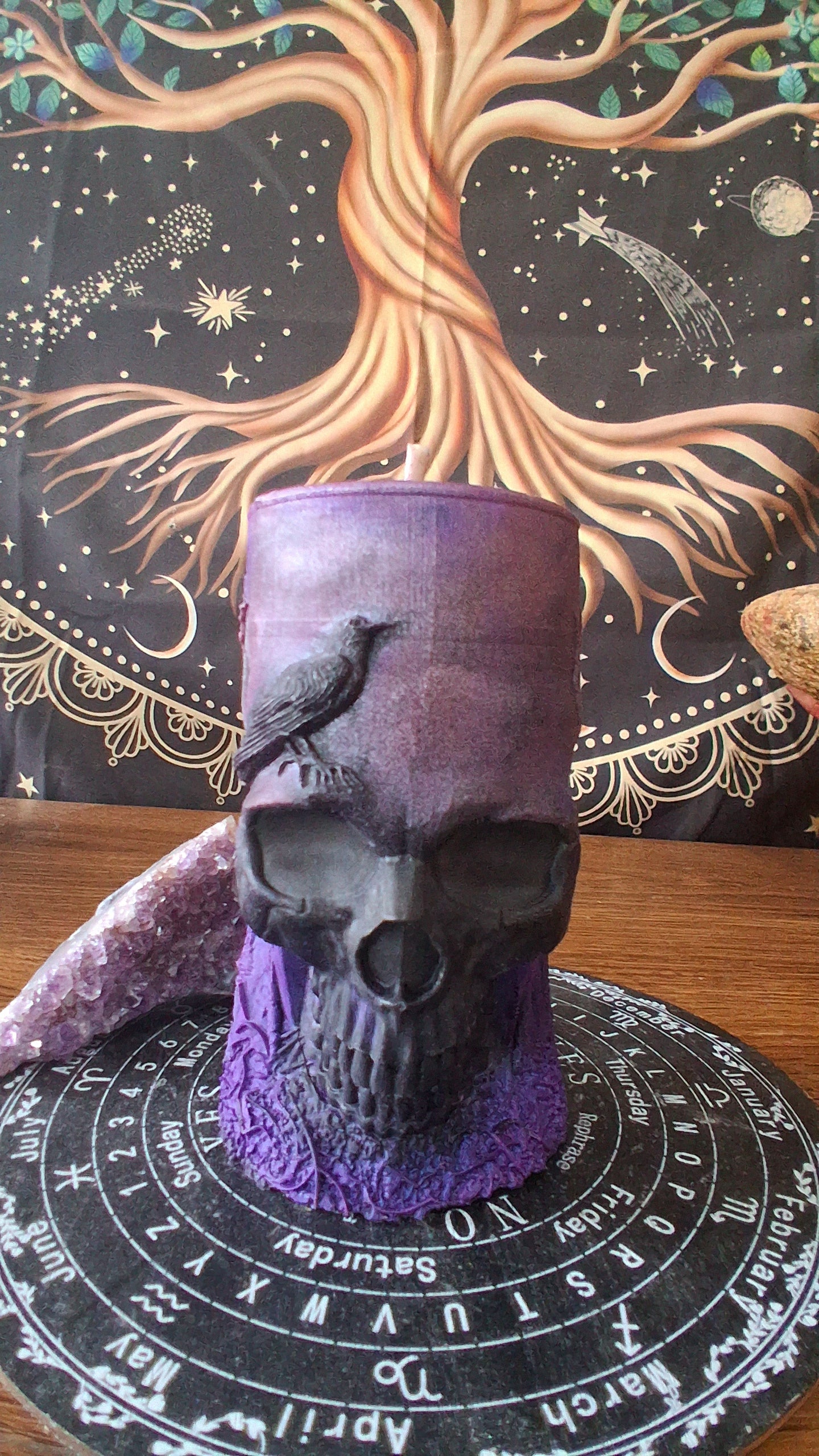 Pink, Purple, and Black Nightshade Elixir Skull and Raven Pillar Candle