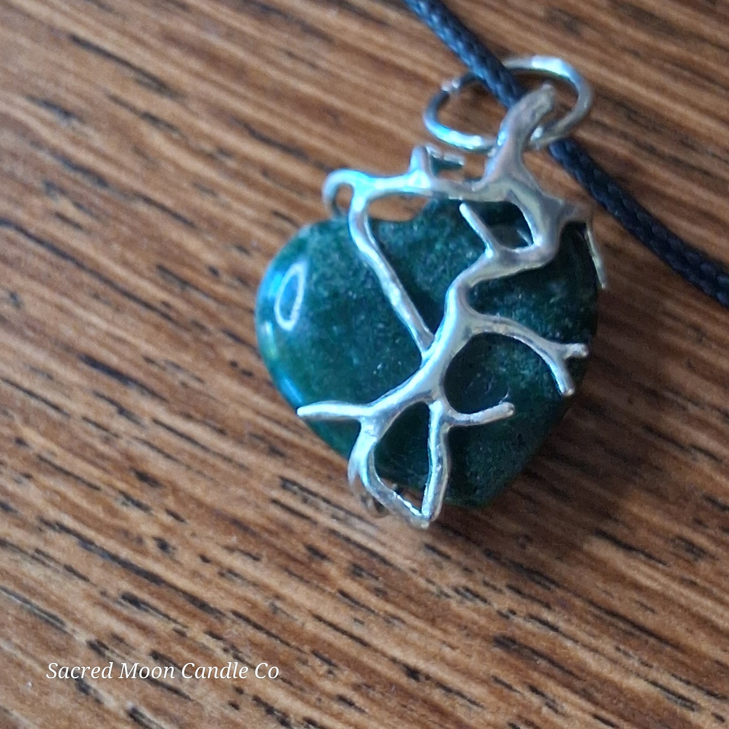 Moss Agate Heart Stone Tree Wrapped Pendant Necklace