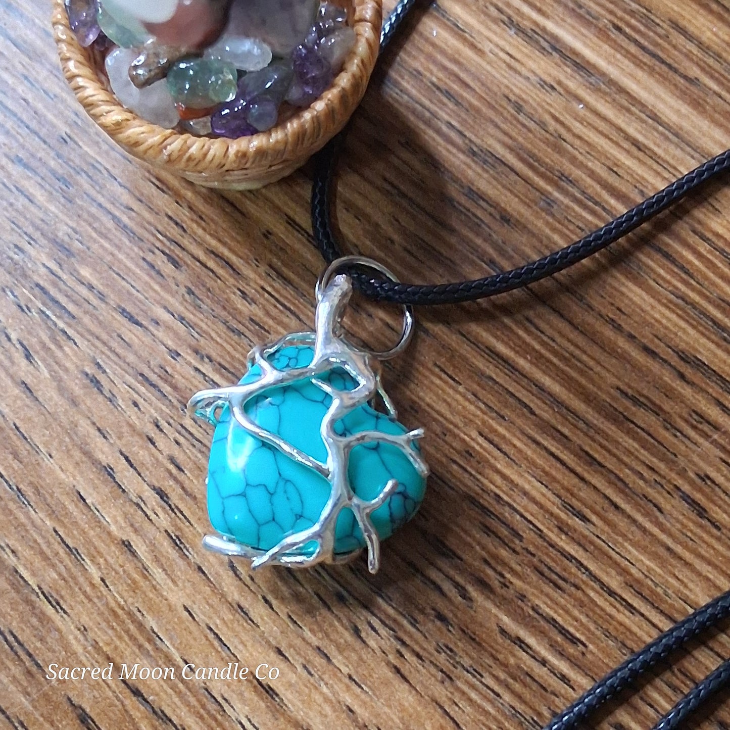 Turquoise Tree Branch Wrapped Heart Stone Pendant Necklace
