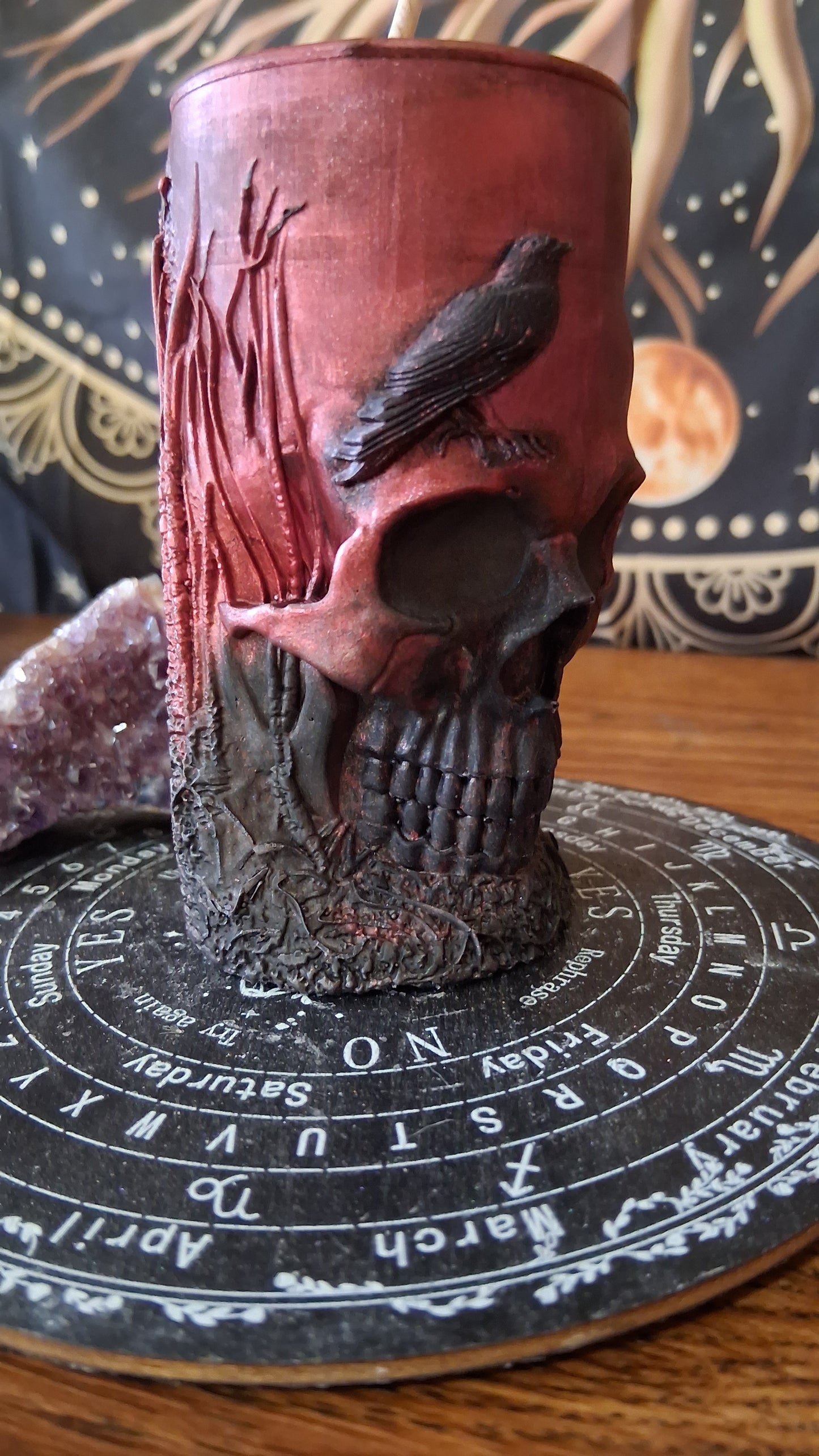 Red and Black Nightshade Elixir Skull and Raven Pillar Candle