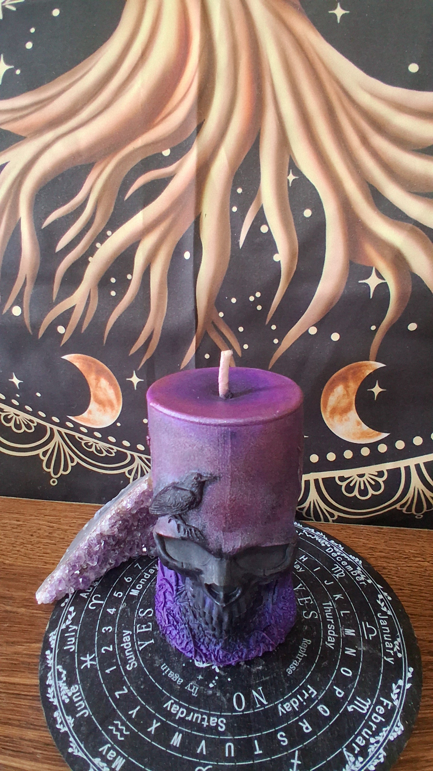Pink, Purple, and Black Nightshade Elixir Skull and Raven Pillar Candle