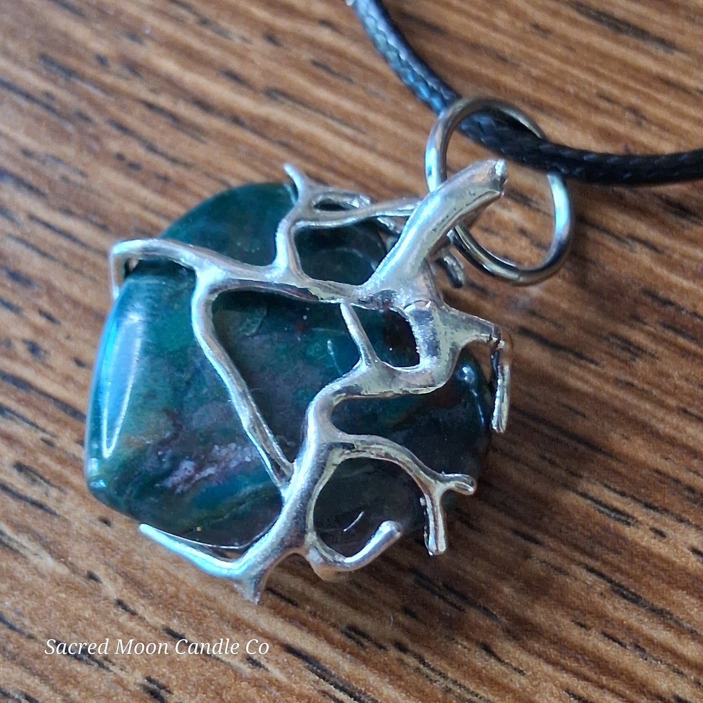 Moss Agate Heart Stone Tree Wrapped Pendant Necklace