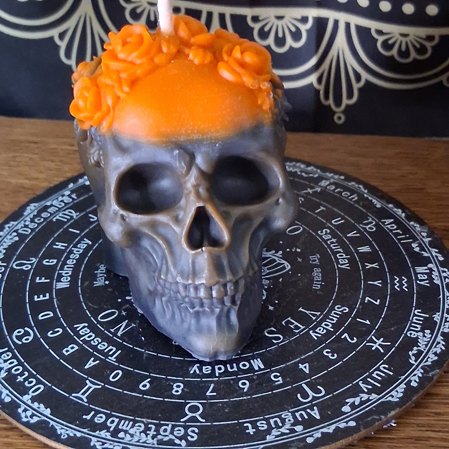 "Twist the Bones & Bend the Back" Skull Candle