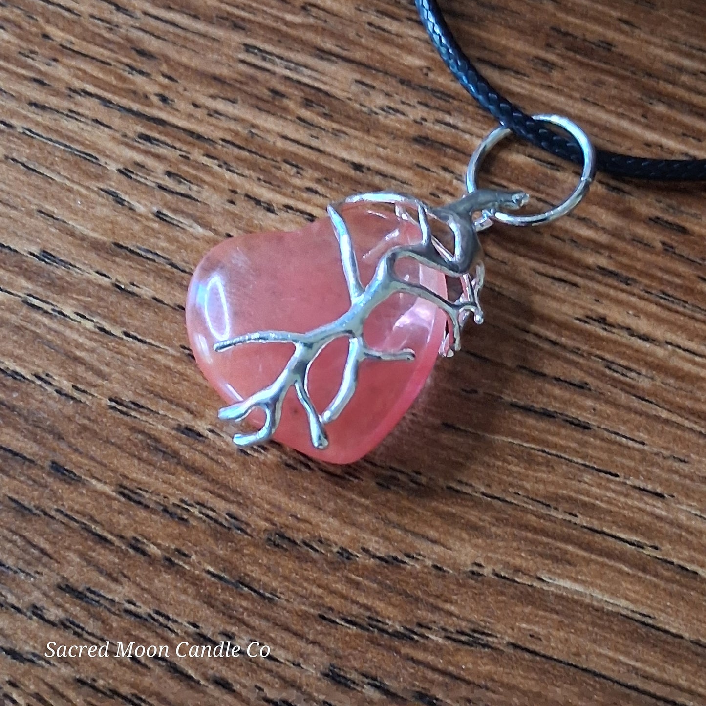 Cherry Quartz Tree Branch Wrapped Heart Stone Pendant Necklace