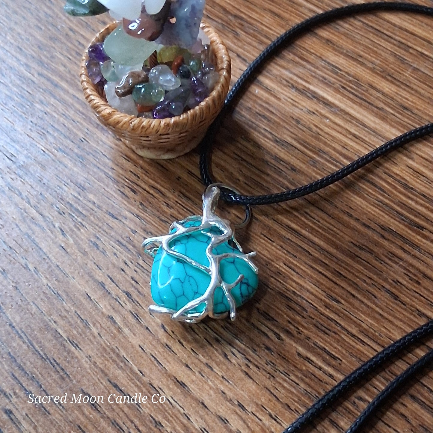 Turquoise Tree Branch Wrapped Heart Stone Pendant Necklace