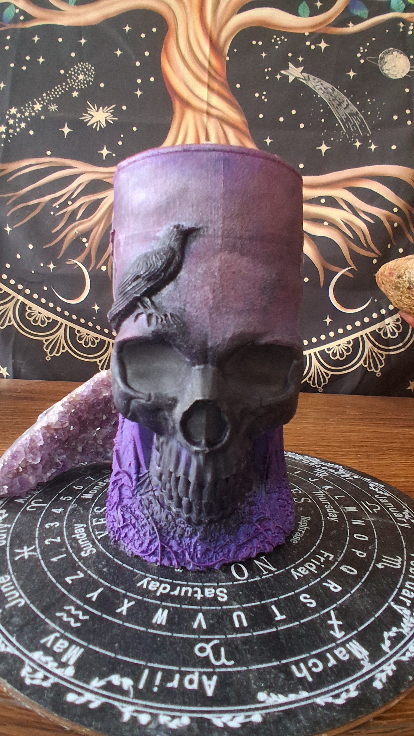 Pink, Purple, and Black Nightshade Elixir Skull and Raven Pillar Candle