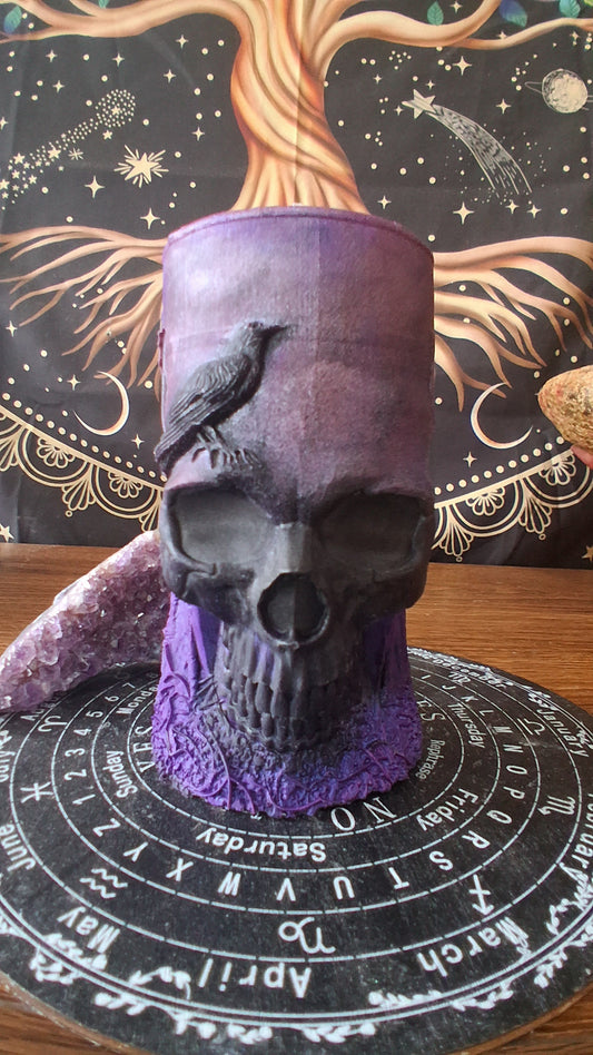 Pink, Purple, and Black Nightshade Elixir Skull and Raven Pillar Candle