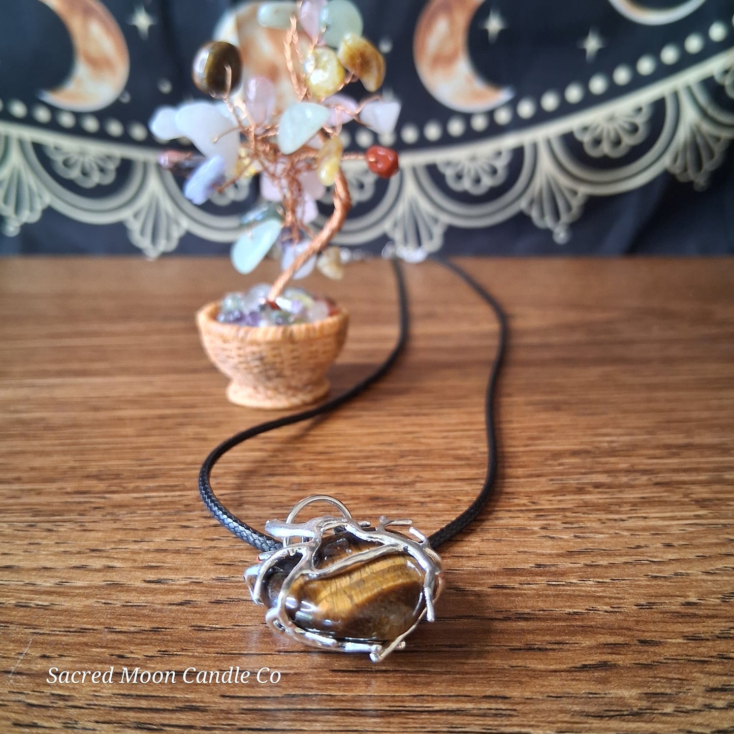 Tigers Eye Tree Branch Wrapped Heart Stone Pendant Necklace