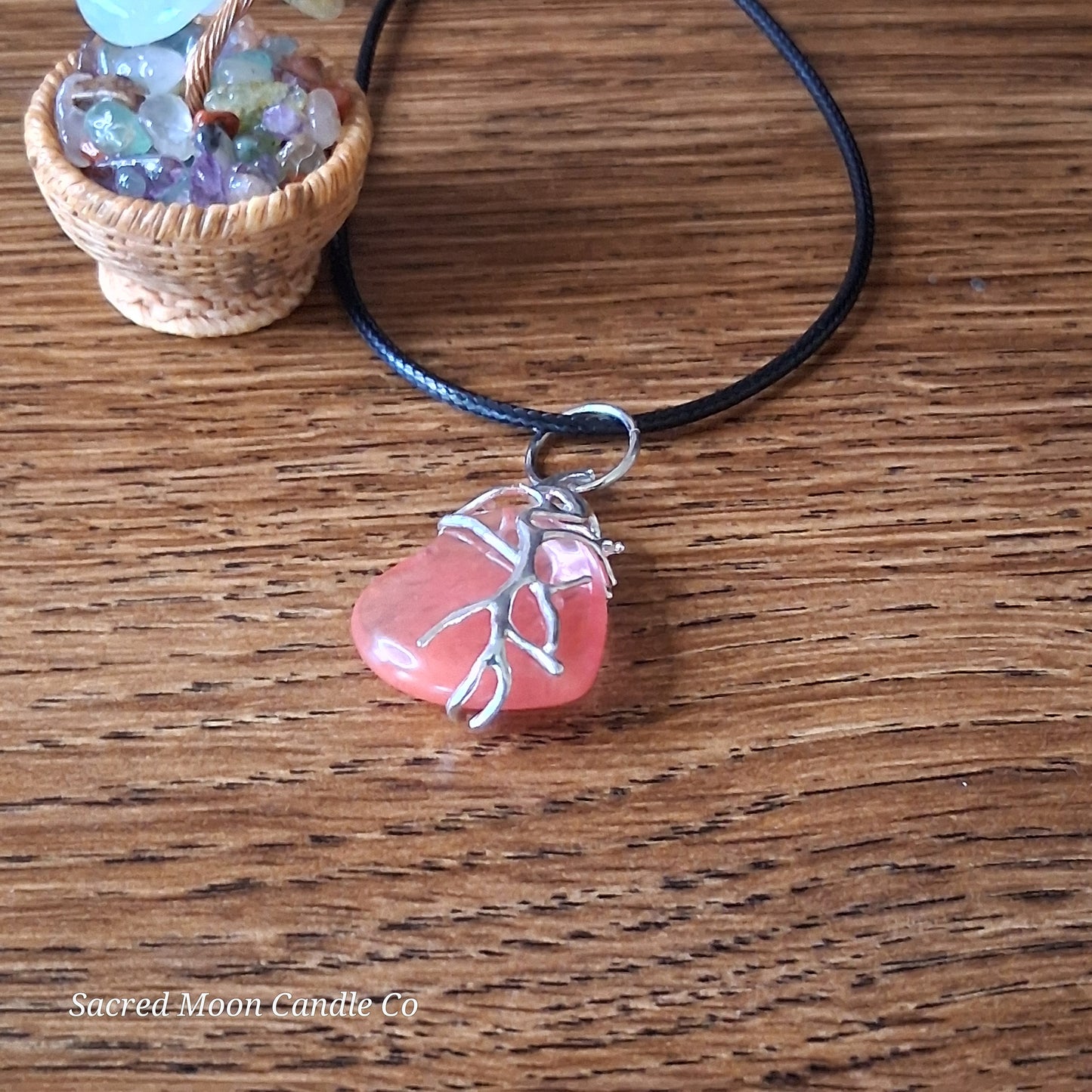 Cherry Quartz Tree Branch Wrapped Heart Stone Pendant Necklace
