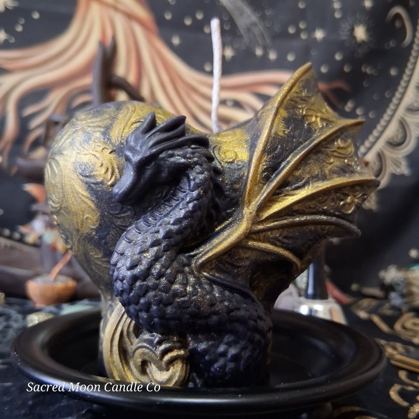 Black and Gold Mystical Dragon Heart Pillar Candle