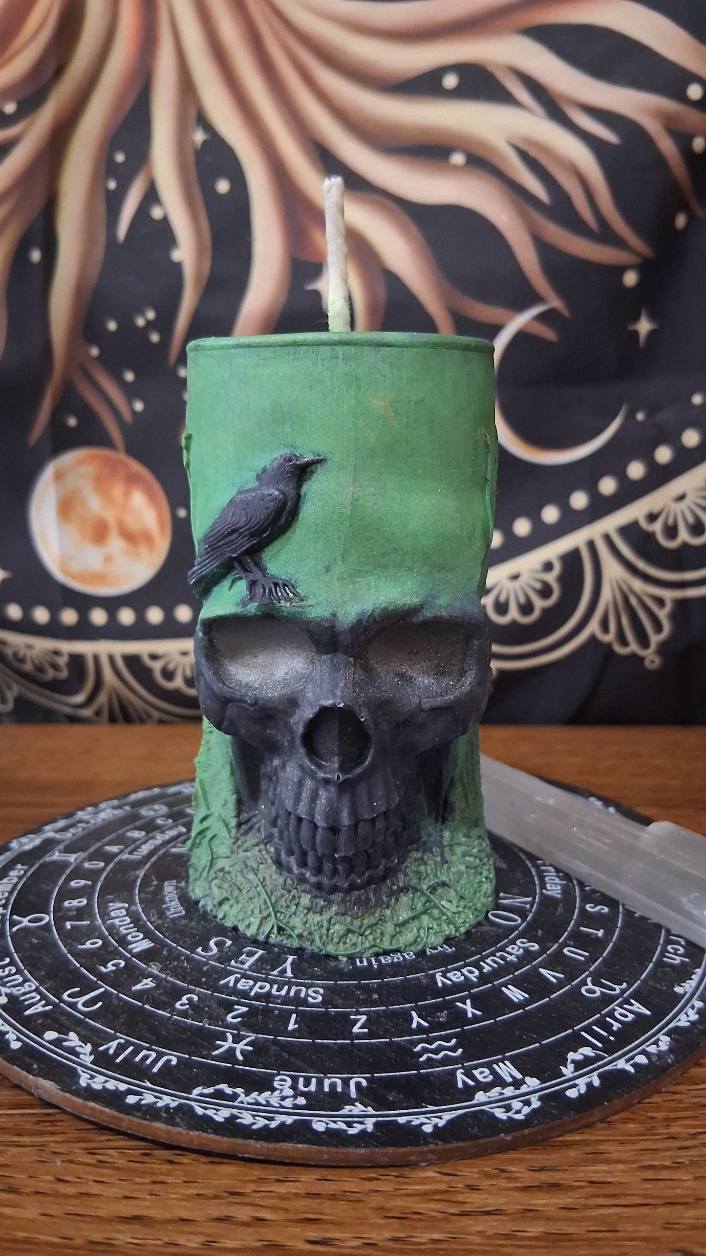 Green and Black Nightshade Elixir Skull and Raven Pillar Candle